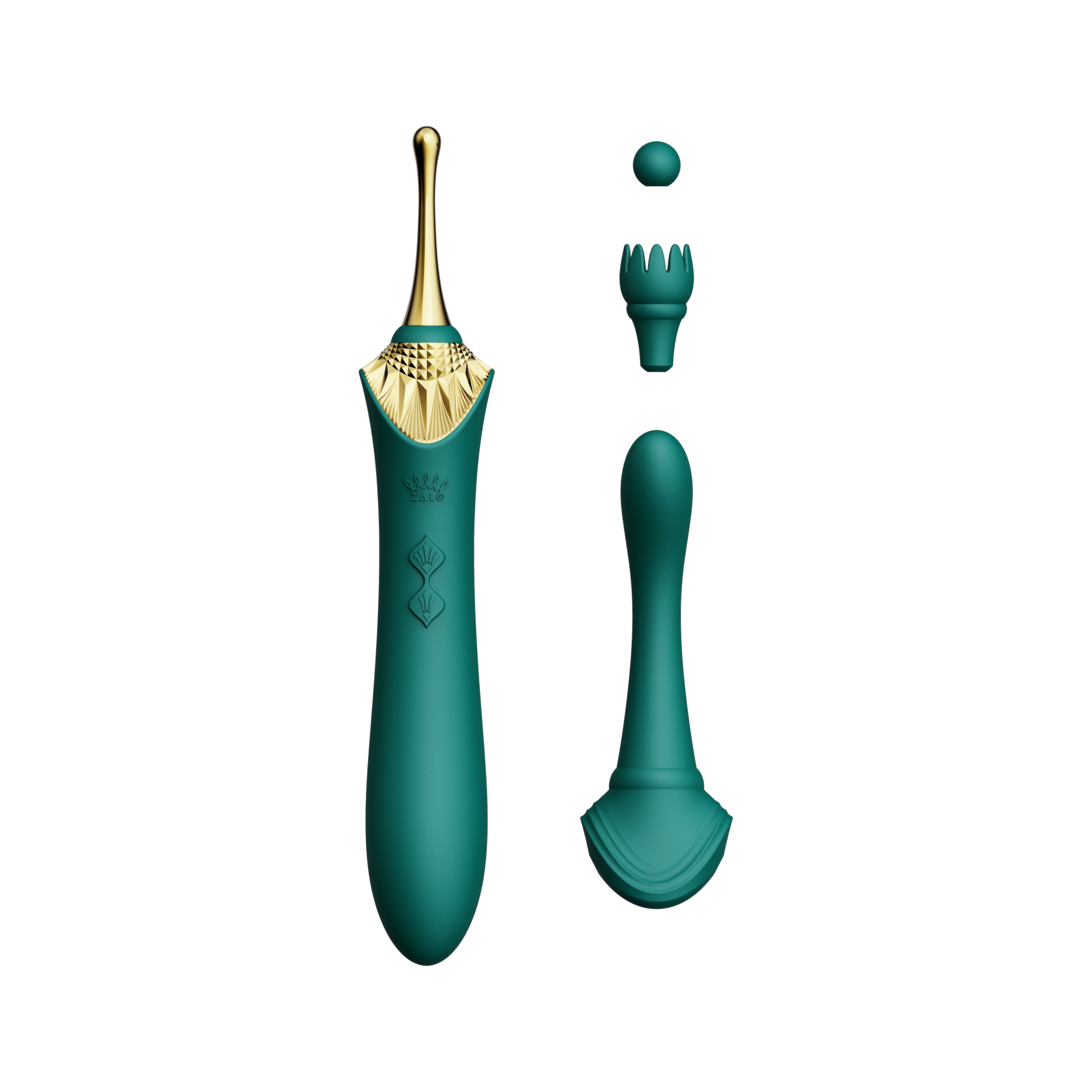 ZALO Bess Clitoral Massager in Turquoise Green with attachments for precise stimulation using DirectPower technology.