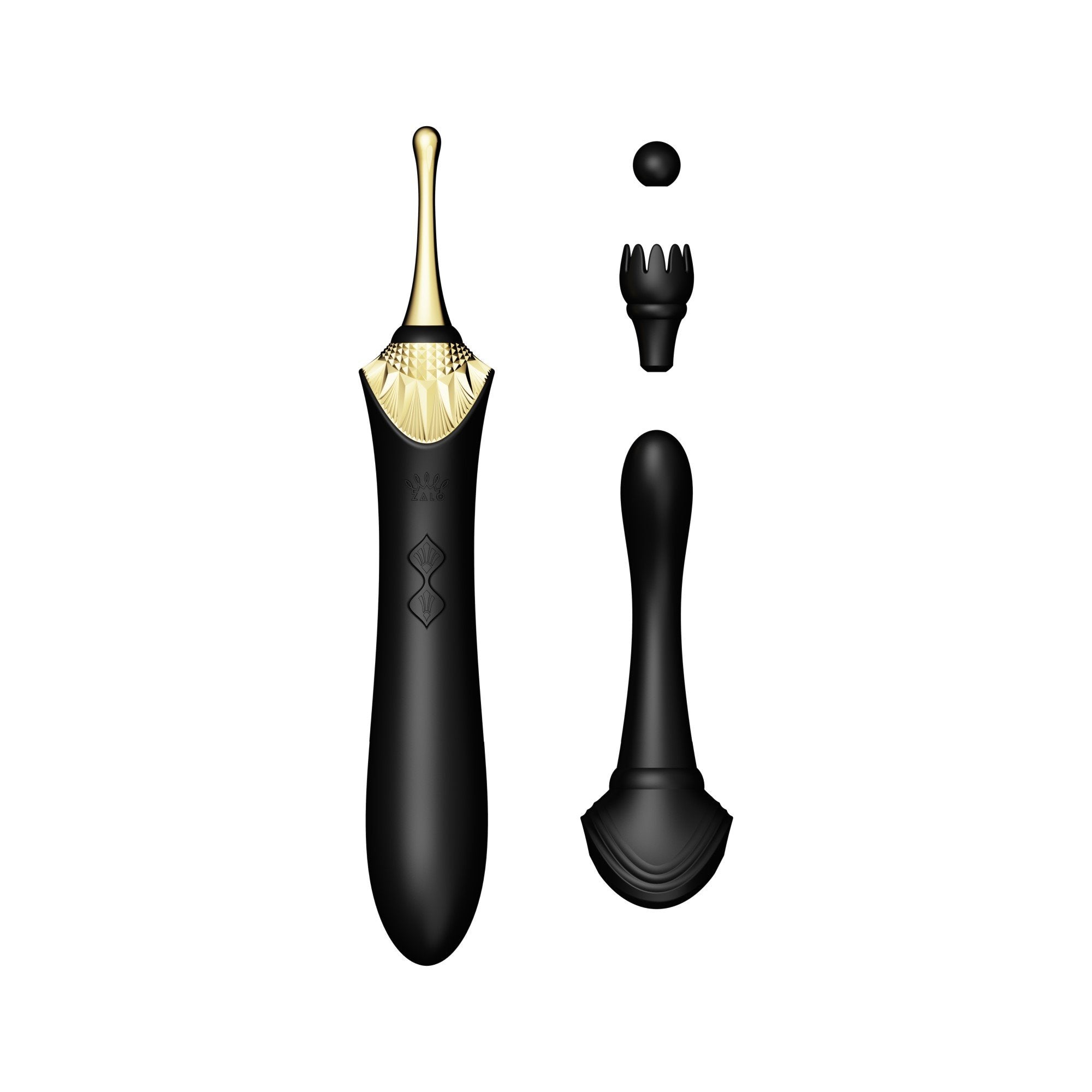 ZALO Bess Clitoral Massager Obsidian Black with multiple attachments for precise stimulation using DirectPower technology.