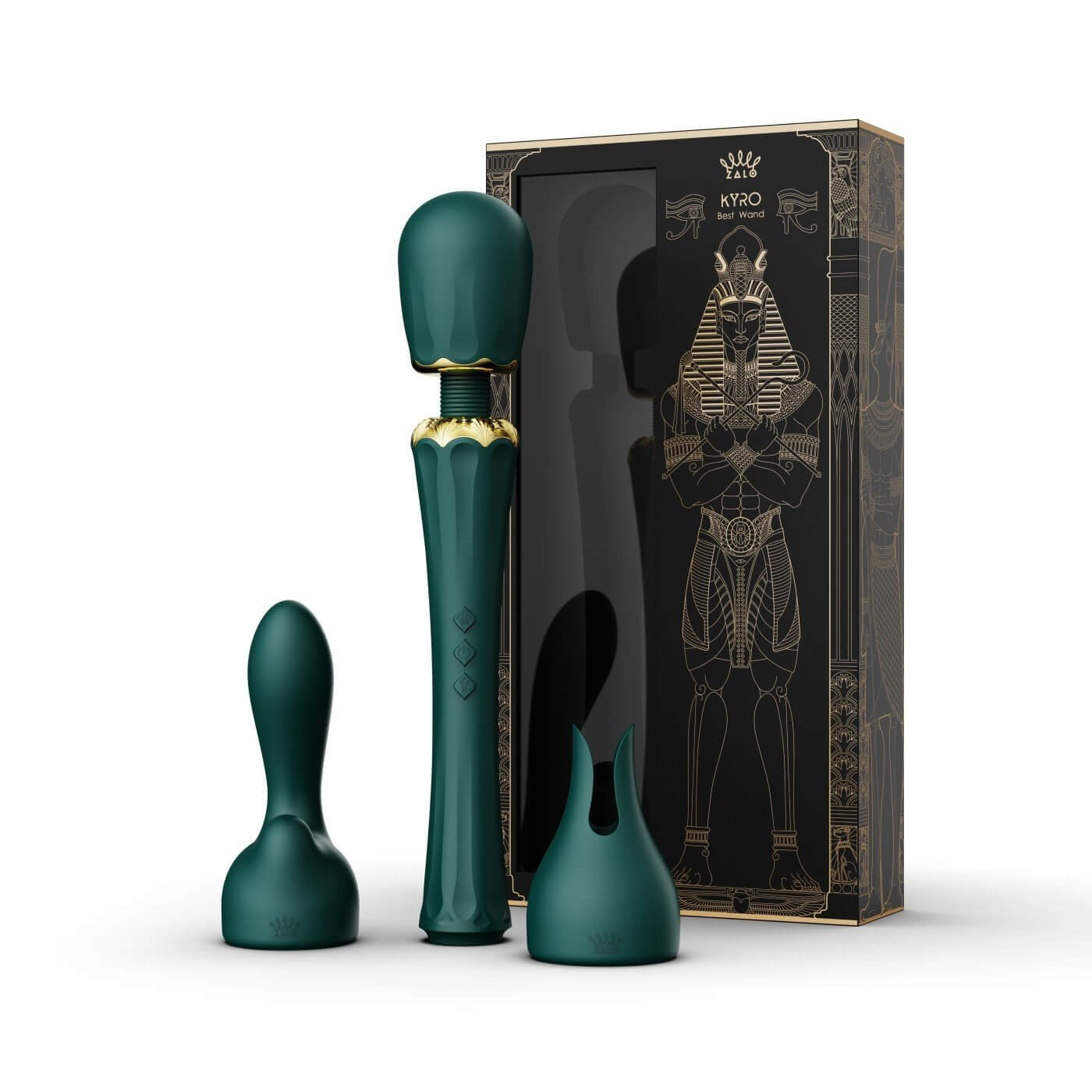 ZALO Kyro Wand Massager Turquoise Green with Attachments and Packaging Inspired by Egyptian Pharaohs