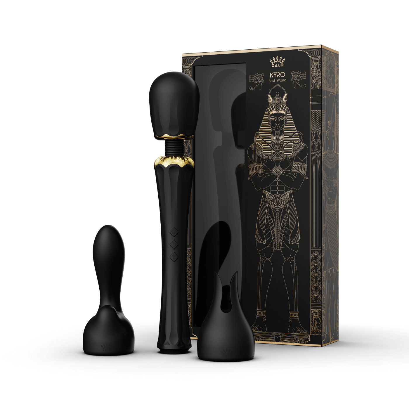 ZALO Kyro Wand Massager Obsidian Black with elegant packaging inspired by Egyptian pharaohs featuring innovative Direct Power 2.0 technology.