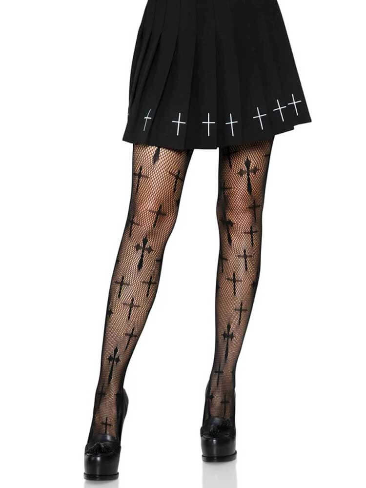 Plus size black fishnet tights with cross pattern by Leg Avenue, styled with a black skirt featuring cross details, perfect for daring looks
