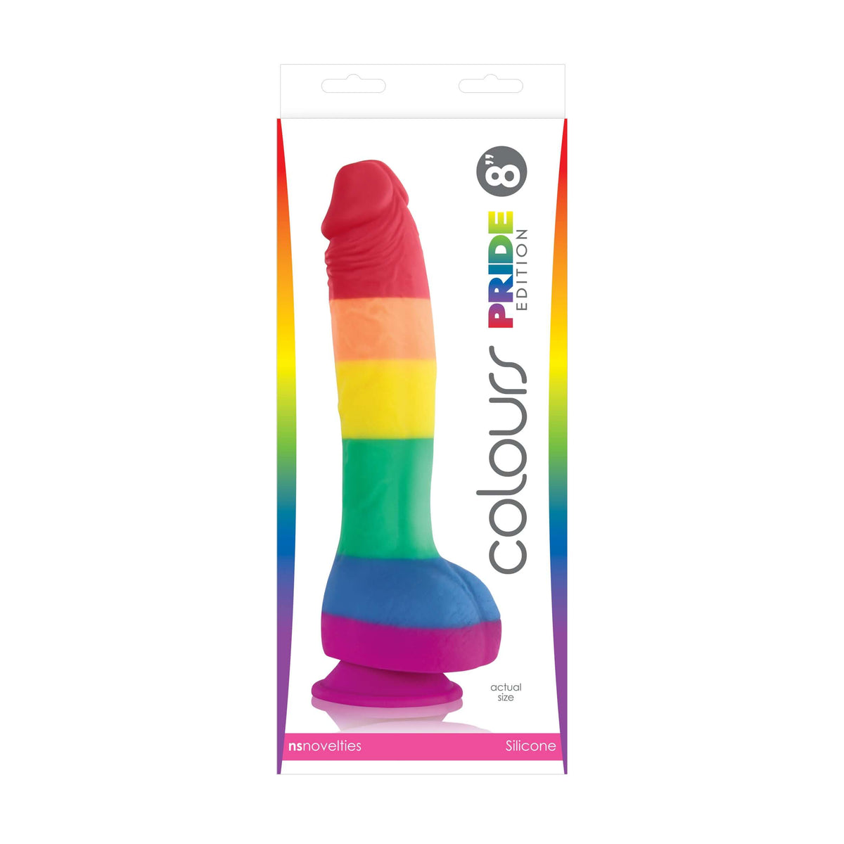 Colours Pride Edition 8 Inch Dong Rainbow in vibrant rainbow colors, showcasing its premium silicone design.