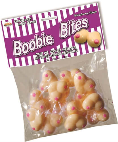 Boobie Bites Strawberry Flavor Candy Chews in a bag featuring playful shapes and bright packaging.