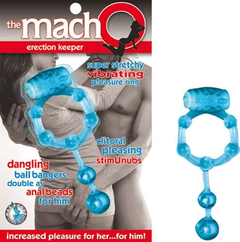 Stretchy blue Macho Erection Ring with vibrating clitoral stimu-nubs and dangling ball bangers for enhanced pleasure.