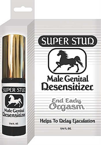 Super Stud Male Genital Desensitizer spray bottle with packaging, helps delay ejaculation and improve control.