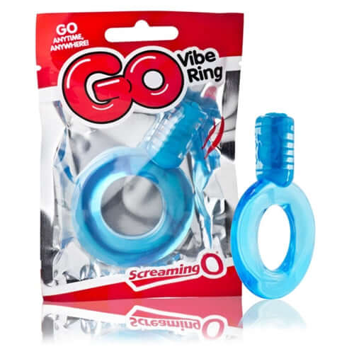 Go Vibe Ring Disposable Cock Ring Blue packaging and ring display in blue color, promoting powerful vibrations and enhanced pleasure.