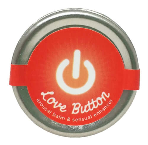 Love Button Arousal Balm for Him & Her 0.3 Oz tin with a logo design and sensual enhancer description.