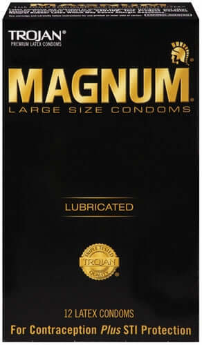Trojan Magnum 12-pack large size lubricated condoms box, offering extra comfort and safety with silky smooth lubricant.