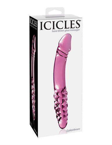 Icicles No 57 Glass Double End Dildo Pink in elegant packaging showcasing the hand-blown glass design.