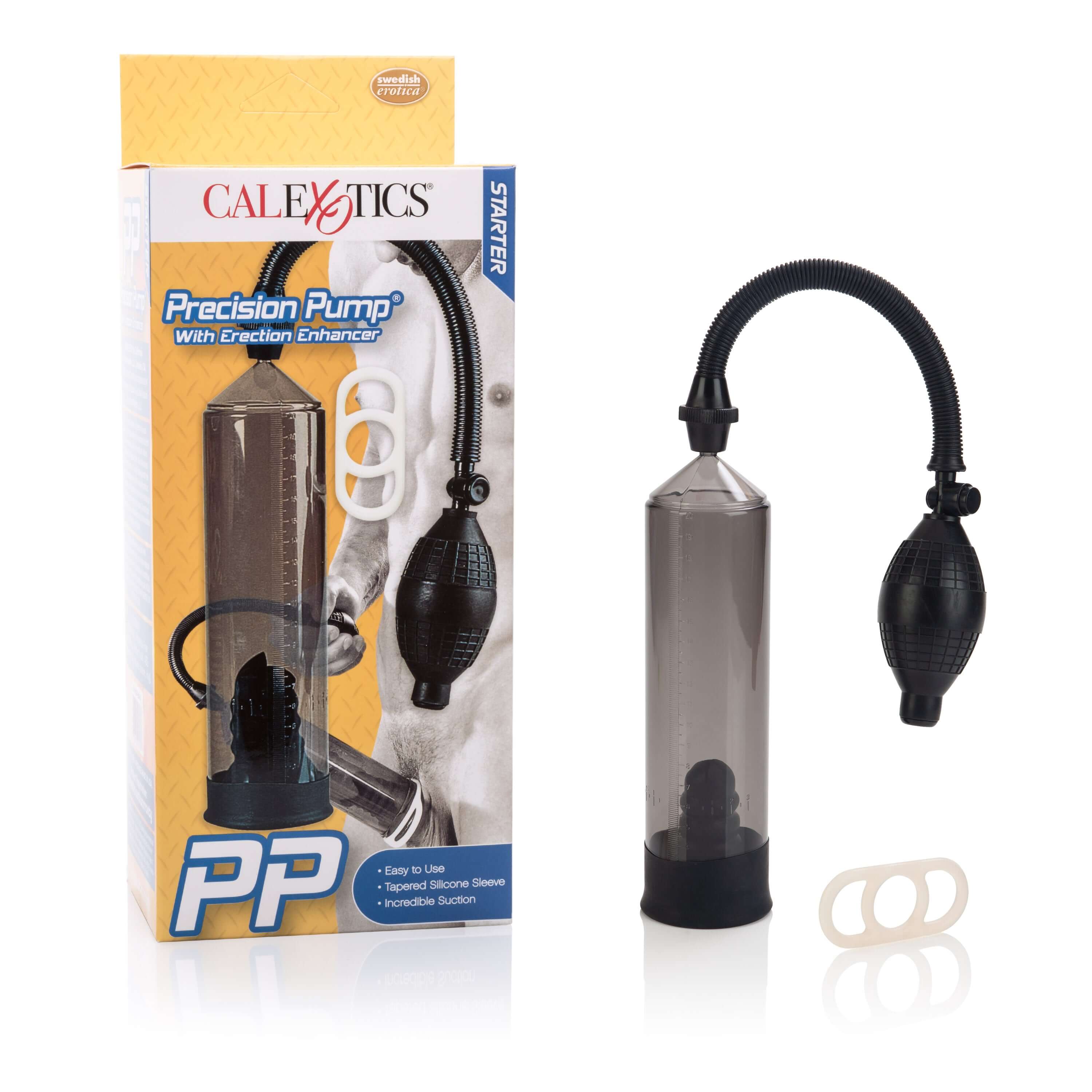 Precision penis pump with enhancer and packaging, featuring precision measurement cylinder, erection ring, and slip ring.