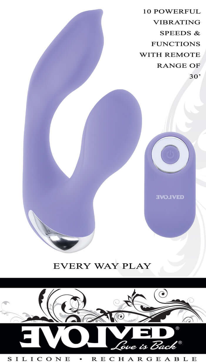 Lilac Rabbit Vibrator with ergonomic remote, featuring 10 powerful vibrating speeds and patterns for dual pleasure.