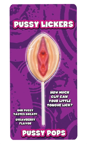 Pussy Lickers Flavorful Pussy Pops Candy in strawberry flavor, featuring playful packaging for adults.