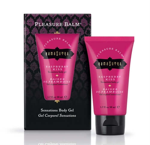 Kama Sutra Pleasure Balm Body Gel Raspberry Kiss 1.7 Oz in packaging for enhanced foreplay and sensory experience.