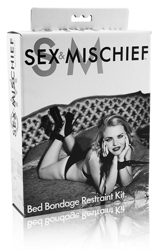 Sex & Mischief Bed Bondage Restraint Kit packaging featuring a model on a bed.