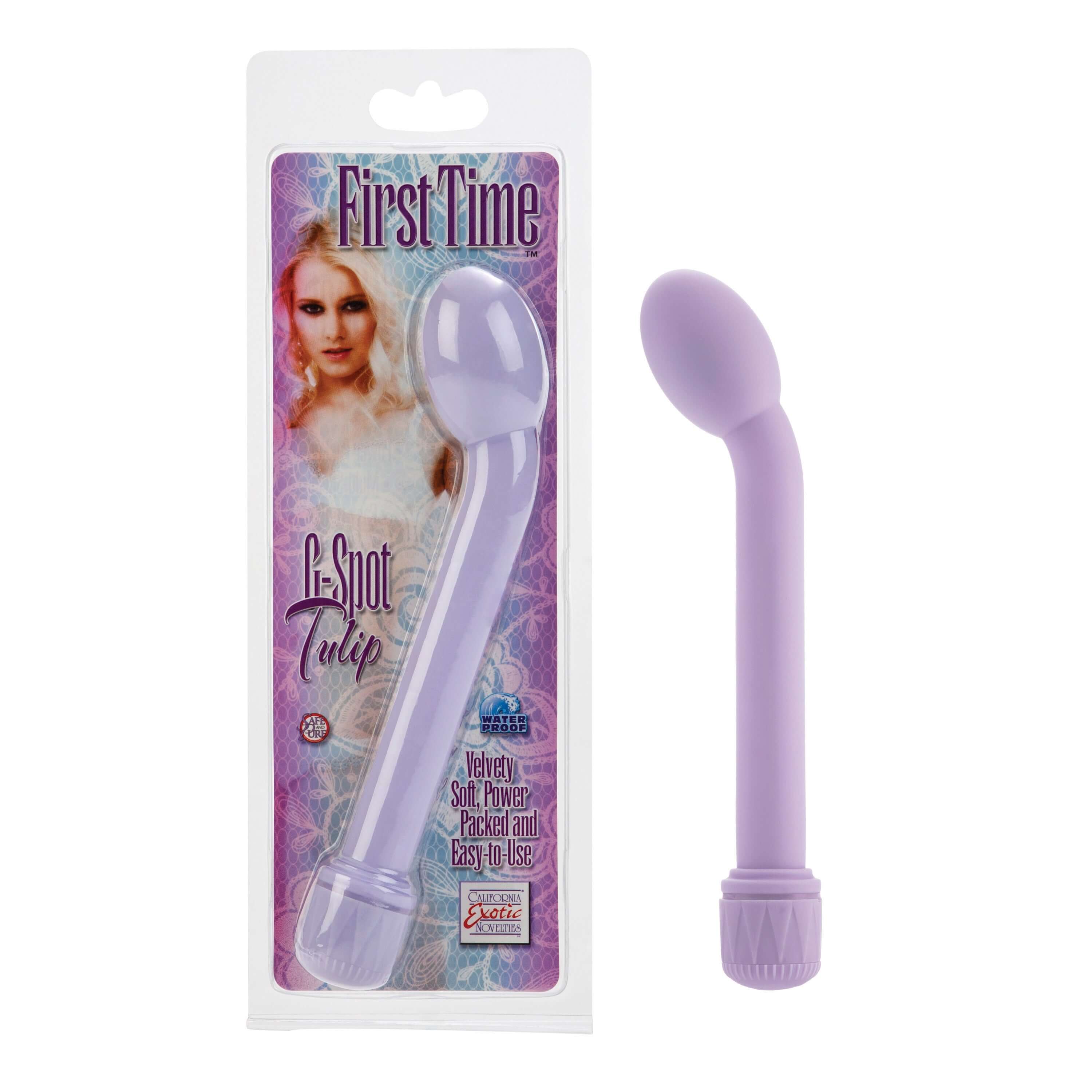 First Time G-Spot Tulip Vibrator Purple with packaging showcasing its ergonomic design and soft material for beginners.