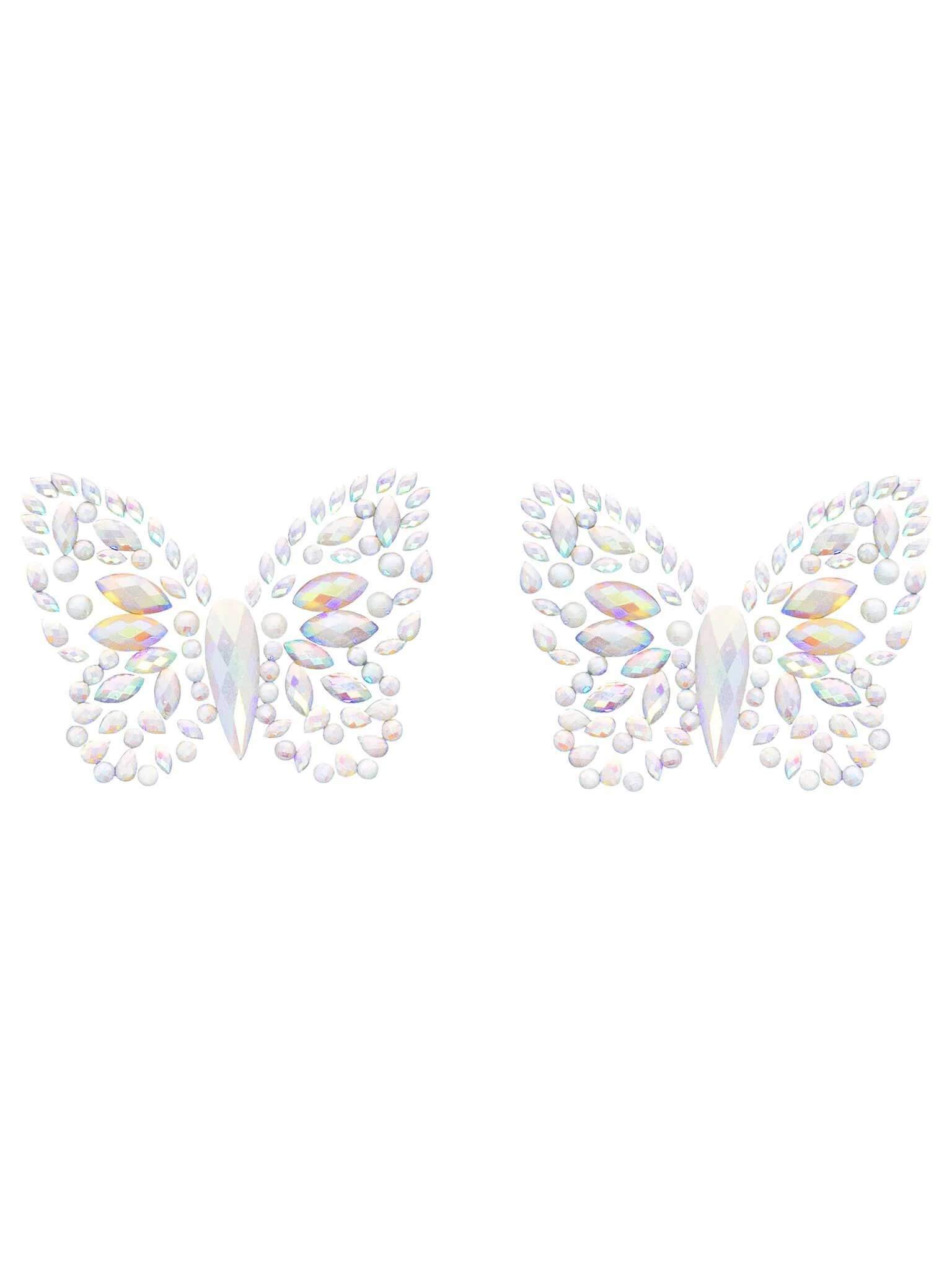 Iridescent butterfly nipple pasties that glow in the dark, featuring rhinestones and skin-friendly adhesive for festival fashion.