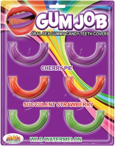 "Gum Job Oral Sex Gummy Candy Teeth Covers in Cherry Pie, Succulent Strawberry, Wild Watermelon flavors, for elevated pleasure."