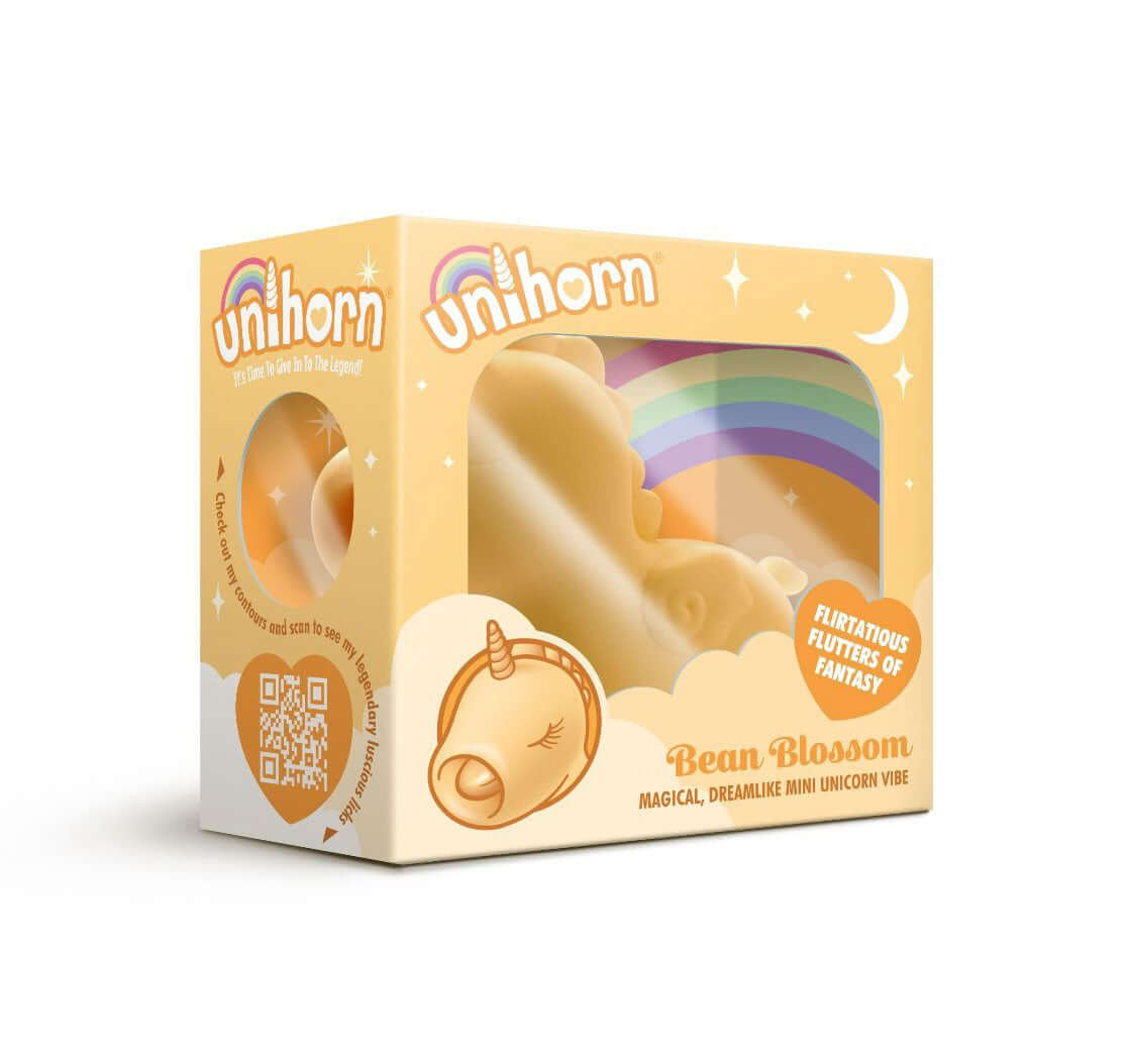 Unihorn Bean Blossom packaging with magical unicorn design and rainbow background, featuring flirtatious pulses and fantasy flutters.