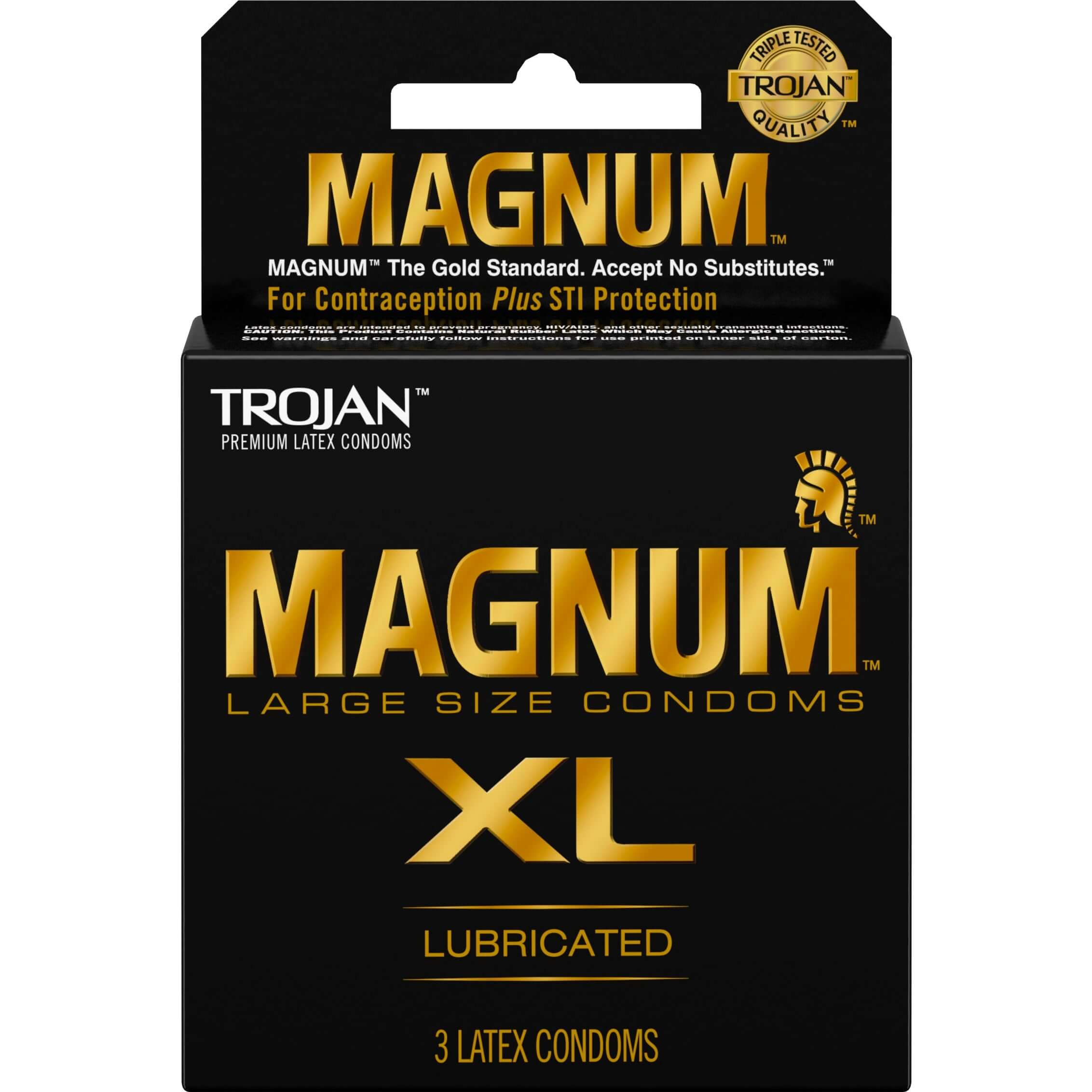 Trojan Magnum XL 3-pack large size condoms with lubrication for extra comfort and sensitivity. Suitable for men needing larger than regular size.