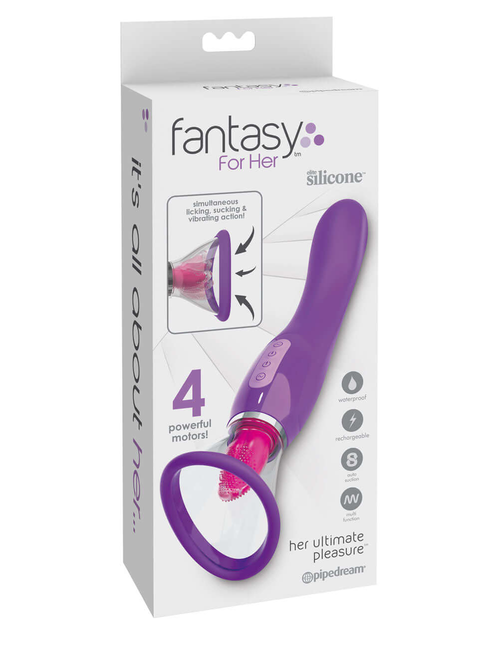 Fantasy For Her Her Ultimate Pleasure Clit Stimulator in packaging with 4 powerful motors for enhanced stimulation.