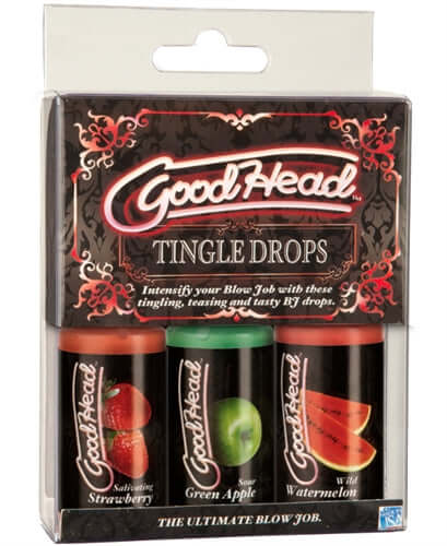 Good Head Tingle Drops Trio featuring strawberry, green apple, and watermelon flavors for enhanced oral pleasure.