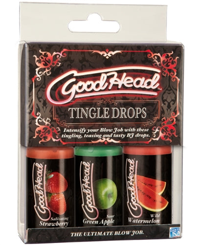 Good Head Tingle Drops Trio Pack featuring Strawberry, Green Apple, and Watermelon flavors for enhanced oral pleasure sensations.