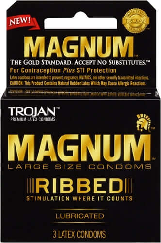 Trojan Magnum Ribbed large size condoms 3-pack for enhanced stimulation and comfort.