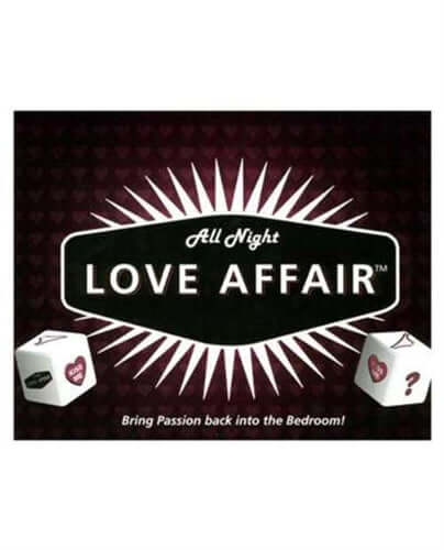 All Night Love Affair Game packaging featuring playful design and dice to enhance couples' intimacy and bonding.