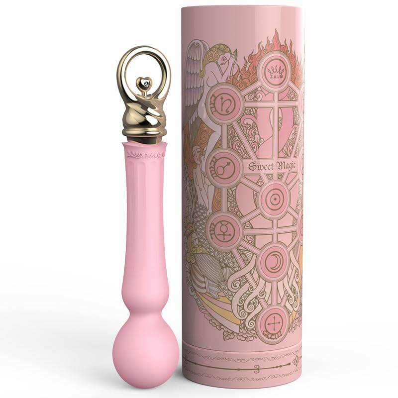 ZALO Confidence Pre-Heating Rechargeable Wand Massager in Fairy Pink from the Sweet Magic Series with decorative packaging.