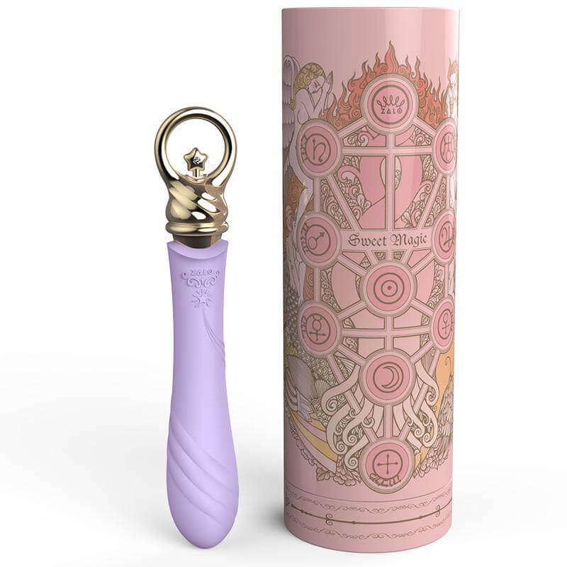 ZALO Courage Pre-Heating G-spot Massager in Fantasy Violet with ornate, storybook-inspired packaging from the Sweet Magic Series