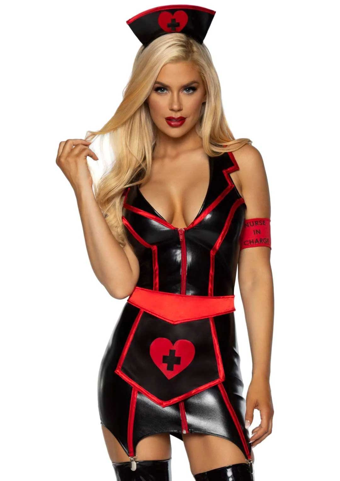 X-Large black and red Naughty Nurse Costume with wet look garter dress, heart apron, arm band, and headpiece by Leg Avenue.