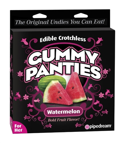Watermelon Flavored Gummy Panties for Her packaging featuring watermelon slices and bold fruit flavor text.