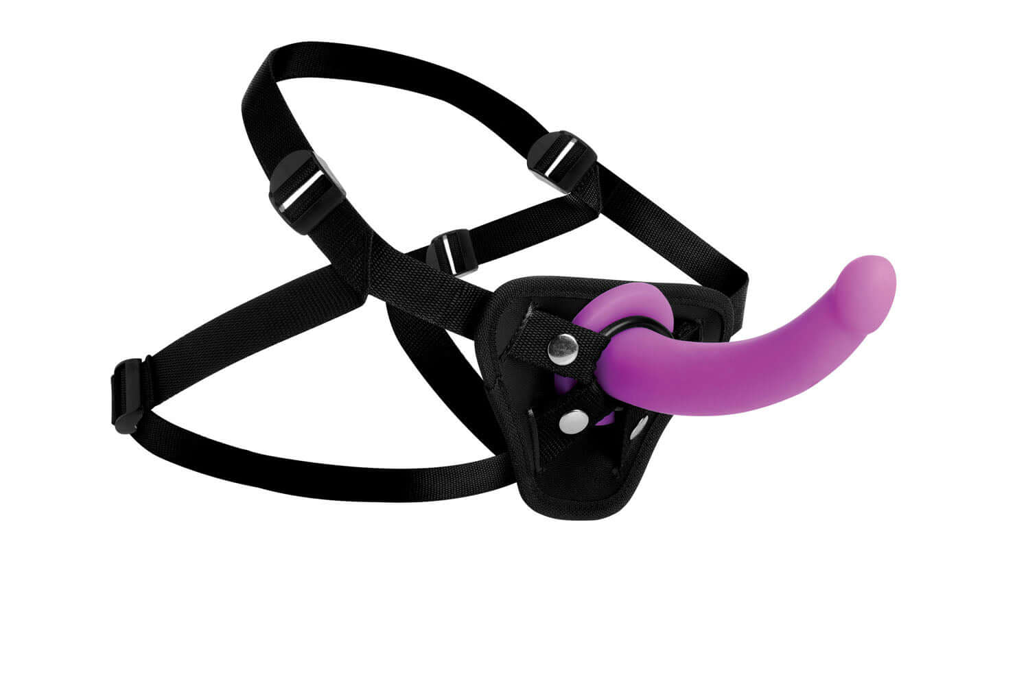 Adjustable harness with purple silicone G-Spot dildo for pegging or vaginal sex, designed for comfort and passion.