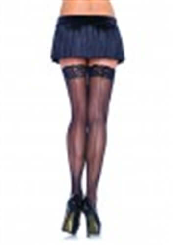 Leg Avenue Sheer Stockings With Backseam OS Black displayed on a model wearing a short skirt and high heels.
