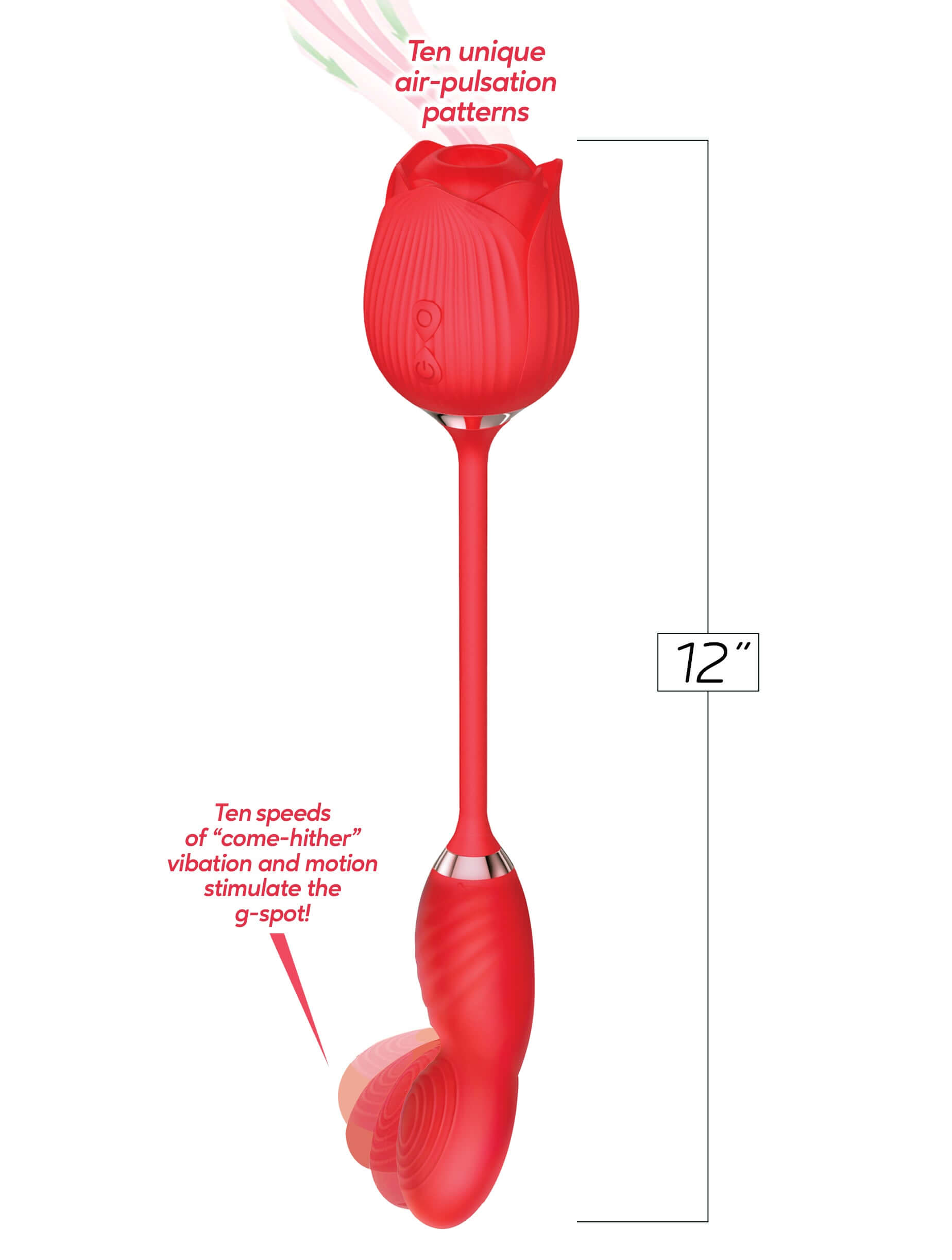 Wild Rose Come Hither and Suction in red with 12-inch length, unique air-pulsation patterns, and G-Spot stimulating come-hither vibration