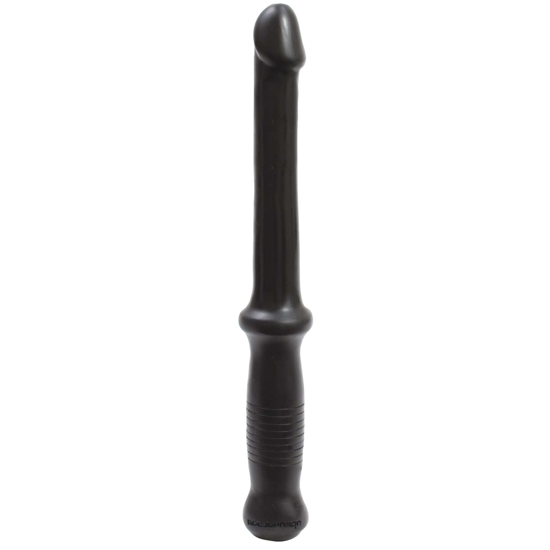 Black PVC anal probe with phallic head and baton handle, flexible and made from non-phthalate body-safe material with anti-bacterial gel formula.