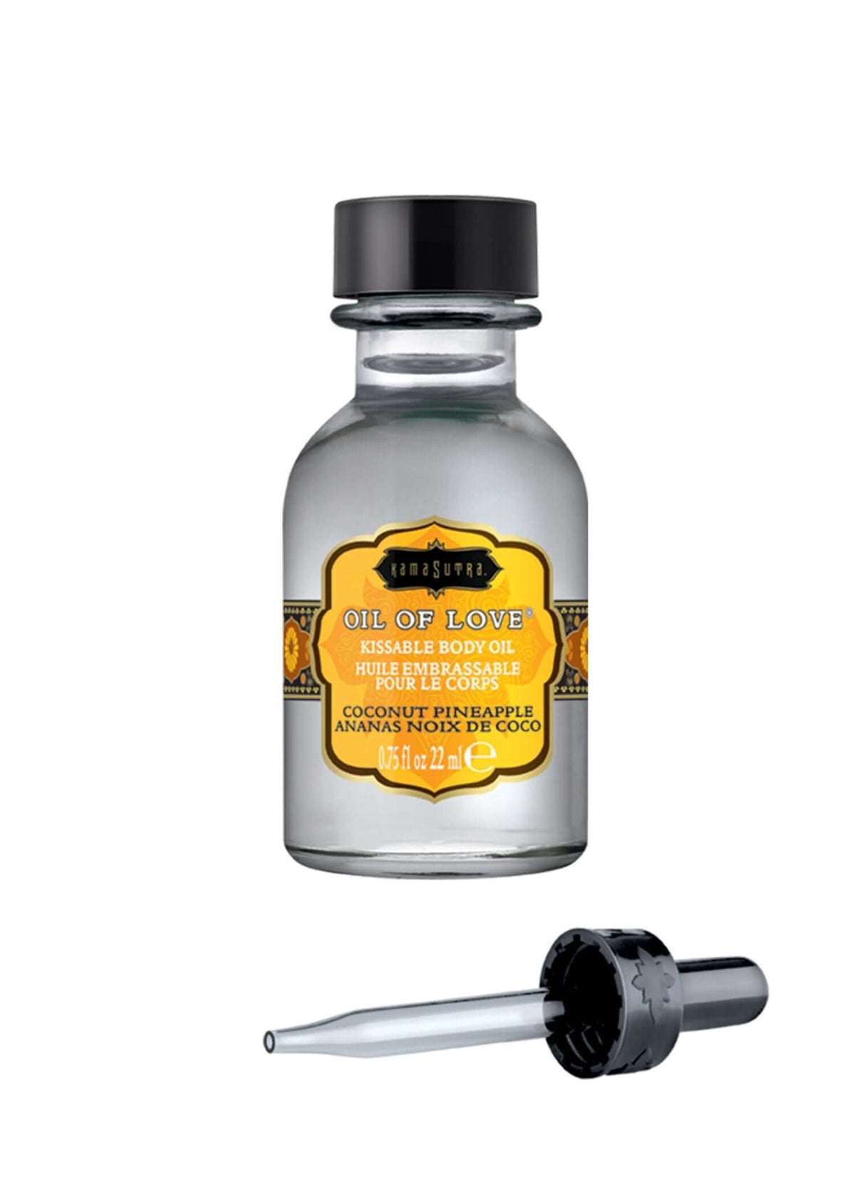 Kama Sutra Oil of Love Coconut Pineapple 0.75 Oz kissable body oil in a glass bottle with dropper.