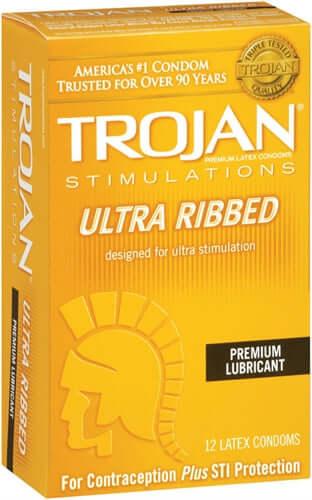 Trojan Stimulations Ultra Ribbed Condoms 12 Pack with ultra ribbed design for enhanced stimulation and premium lubricant.