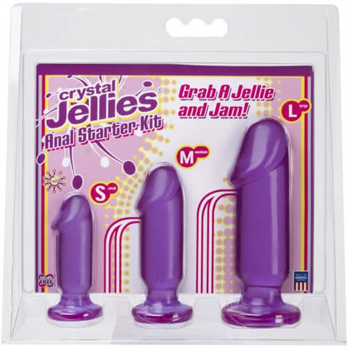 Crystal Jellies Anal Starter Kit in purple with three sizes displayed: small, medium, and large for beginner-friendly use.