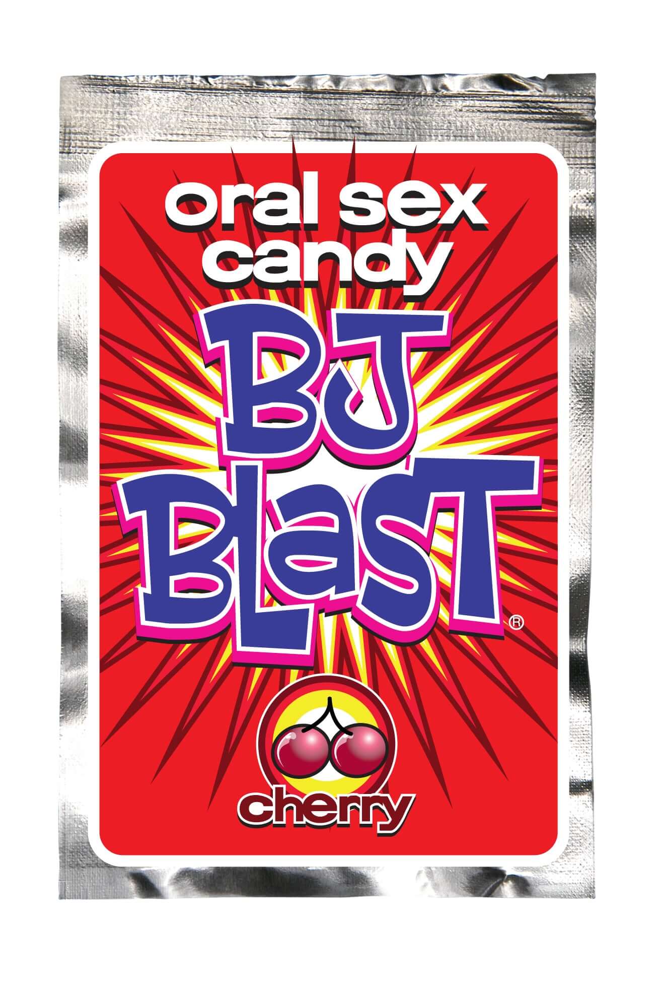 Bj Blast Cherry oral sex candy packaging showcasing fizzing, popping sensation for unforgettable intimate experiences.