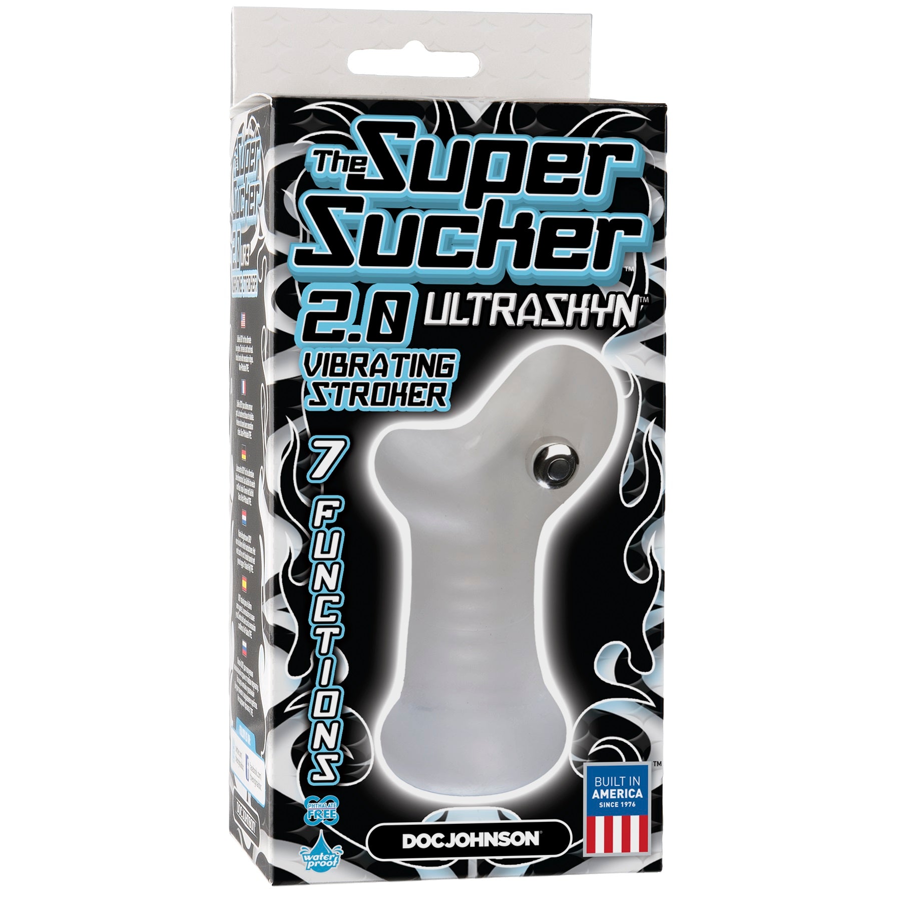 The Super Sucker 2.0 vibrating stroker in clear packaging showcasing its ergonomic design and 7 functions.