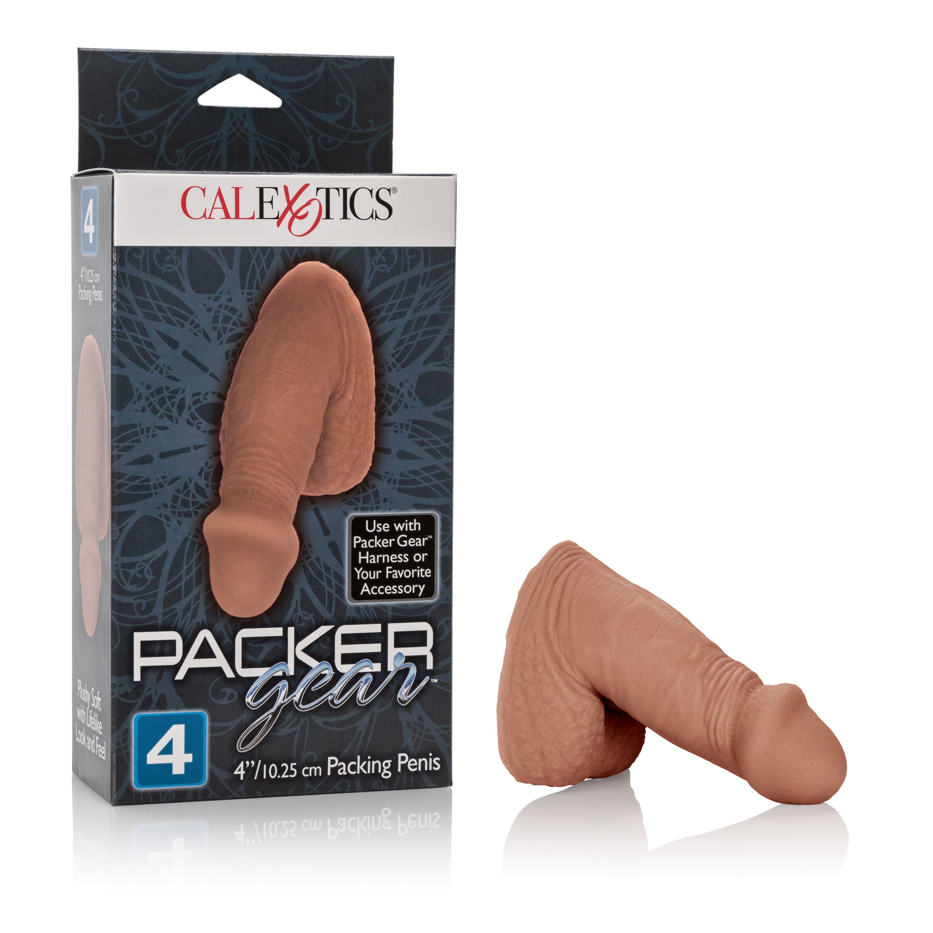 Packer Gear Packing Penis 4 Inch Brown in packaging, realistic design for comfort and natural appearance.