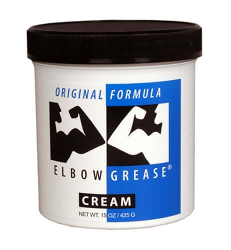 Elbow Grease Original Cream 15 Oz container with black lid and blue label, showcasing the oil-based lubricant.