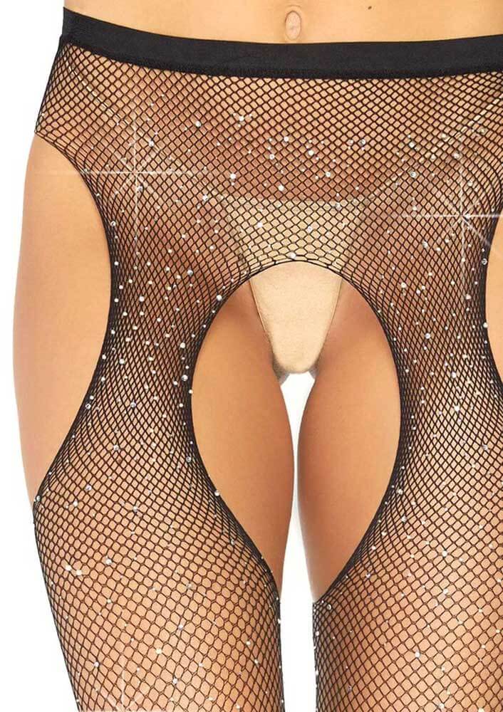 Black fishnet rhinestone suspender pantyhose with glamorous cutouts and crotchless design.