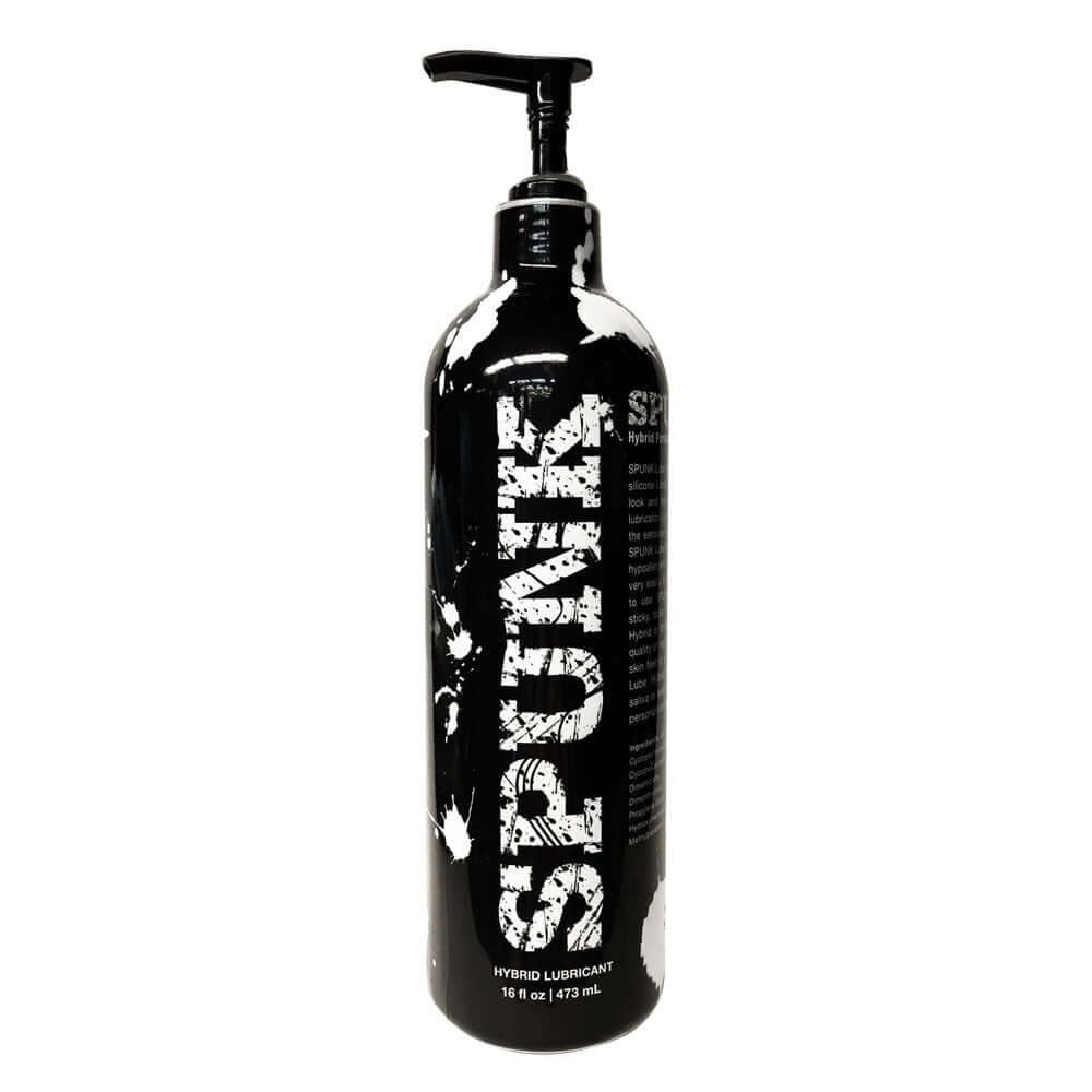 Spunk Lube Hybrid Pump 16 Fl Oz water-based silicone lubricant bottle black and white packaging.