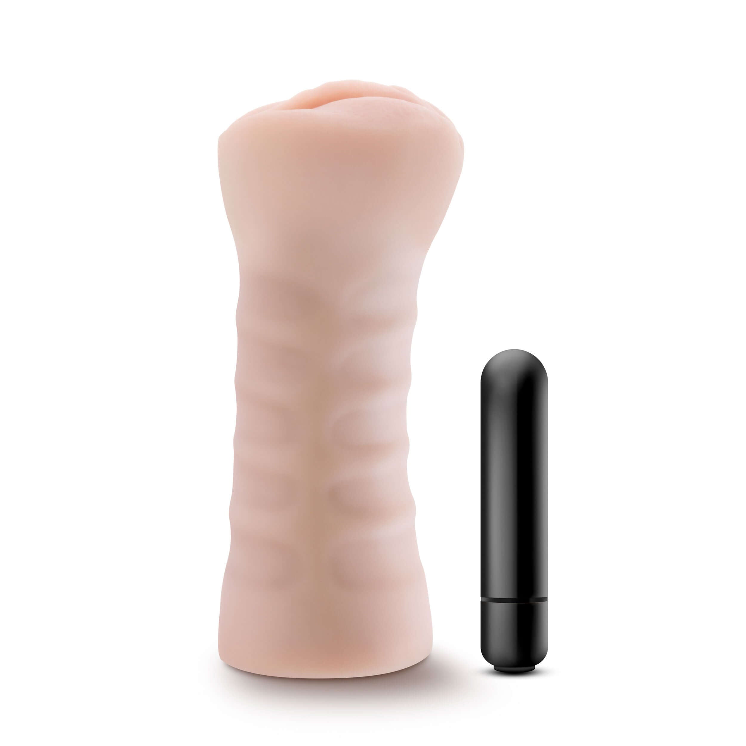Enlust Destini vibrating stroker in beige with black bullet vibrator, designed for superior pleasure and comfort.