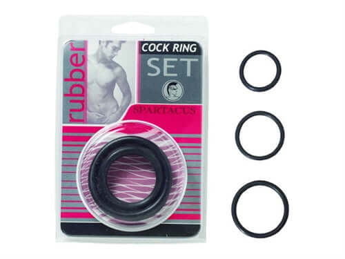 Spartacus Rubber Cock Ring Set Black packaging with three sizes of rubber cock rings included.