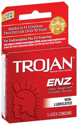 Trojan Enz Non-Lubricated Condoms 3 Pack - Premium Latex, STI Protection, Trusted Quality, Classic Design