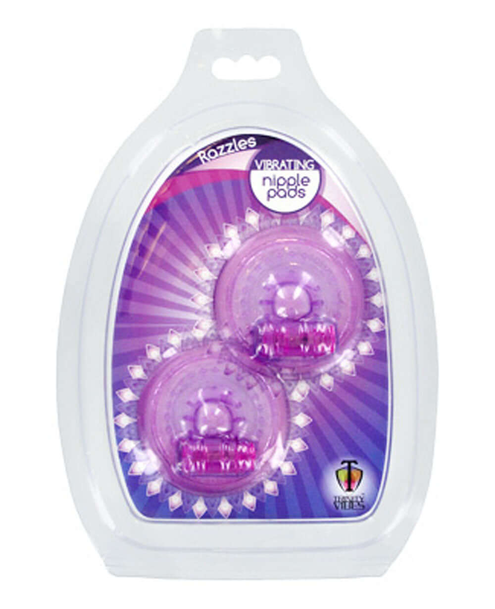Razzles Vibrating Nipple Pads Purple in packaging, featuring playful design and mini vibrators for stimulation.