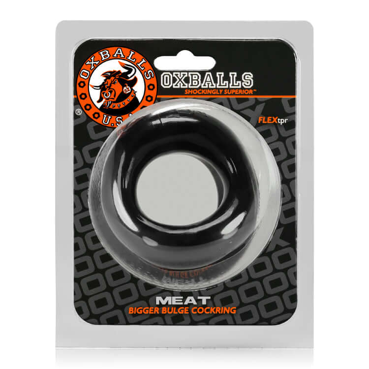 Oxballs Meat Padded Cock Ring Black packaging showcasing the unique padded design and flexible construction.